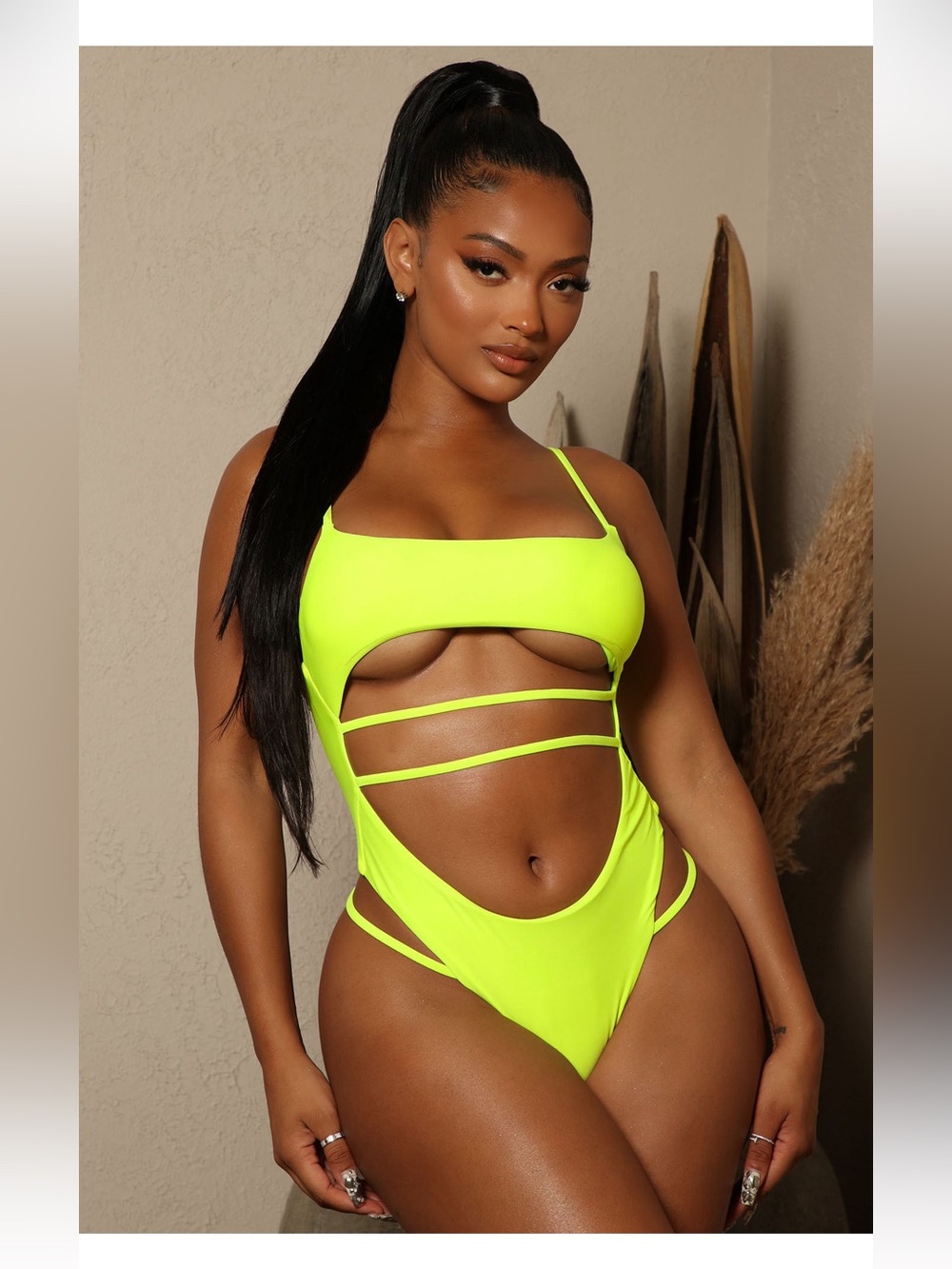 Fashion Nova Neon Yellow Strappy Cutout One-Piece Swimsuit